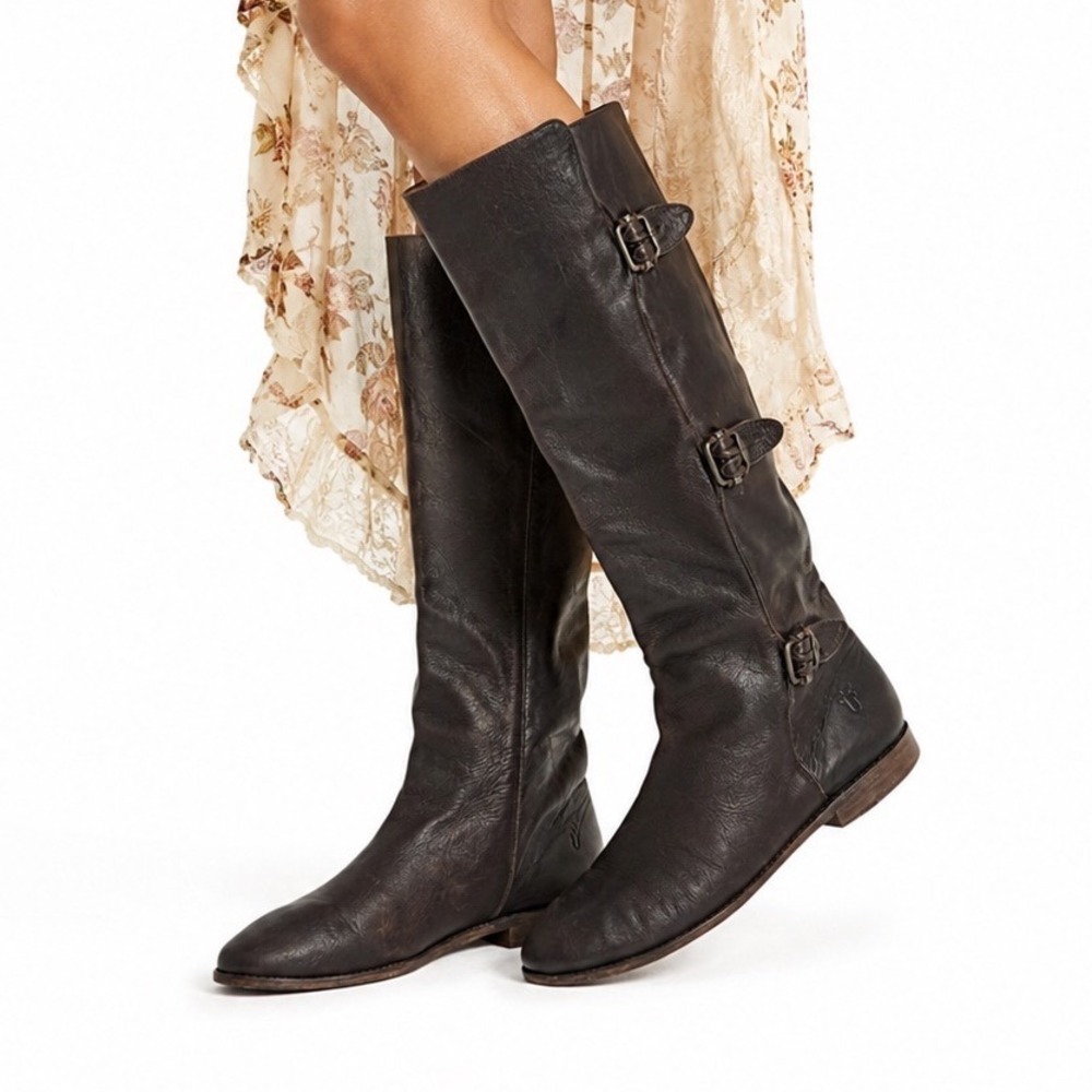Frye Paige Buckle Riding Boots Women 10B Triple Buckle Tall Dark Brown Leather